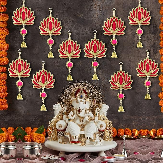 Pack of 10 Lotus Latkan Toran with Bells for Diwali 2025 | 22.8x9.6cm Wall Door Indian Hanging Decor